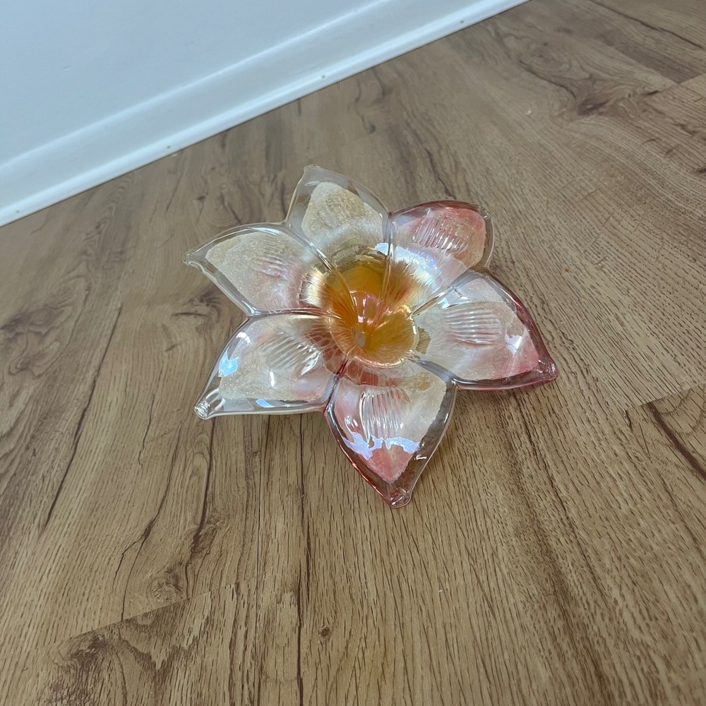 Cottagecore Flower Glass Figurine Trinket Pink Iridescent Art Glass